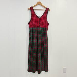 Vintage Red Green Plaid Christmas Cotton Maxi Dress Medium